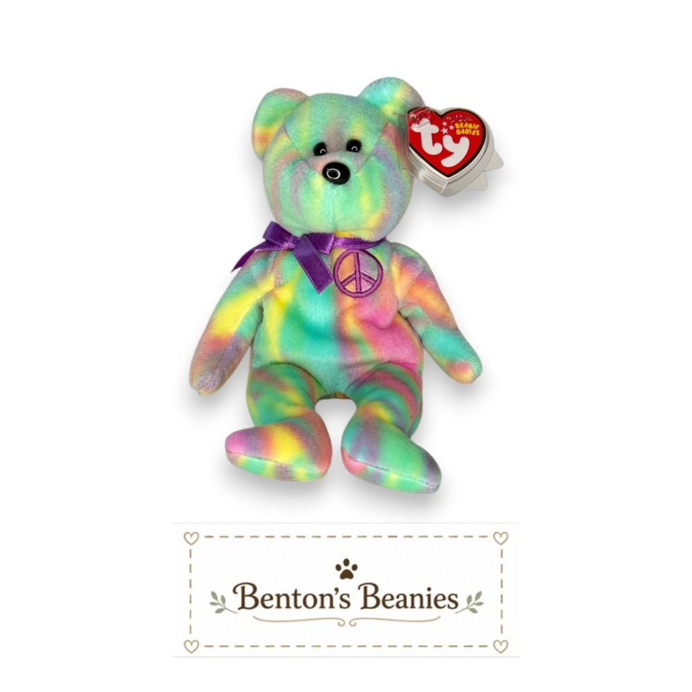 Peace the Bear Ty Beanie Baby | Candy Stripe Dreamer ☮️ | Mint Heart Tag ⭐